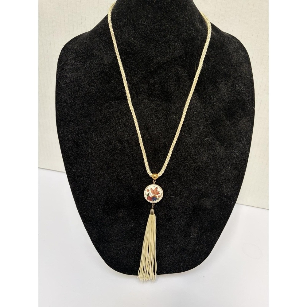 Vintage Double Sided Cloisonné Pendant On‎ Braided Cord Tassel 19 Inch Length